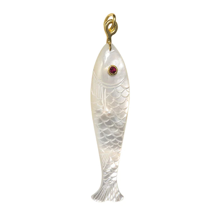 14kt Gold and Mother of Pearl + Pink Sapphire Fish Pendant