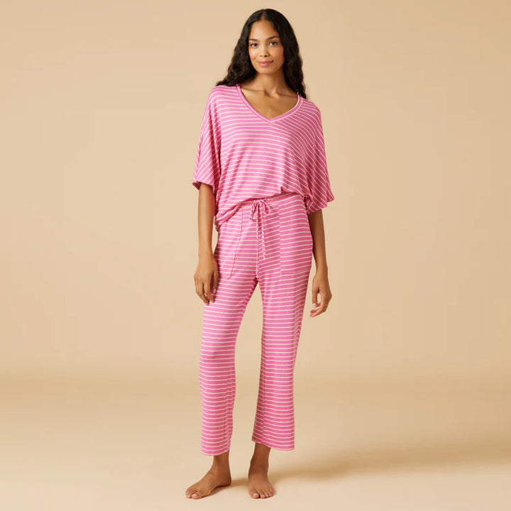 Dream Relaxed V-Neck Capri Lounge Set | Fuchsia Stripe