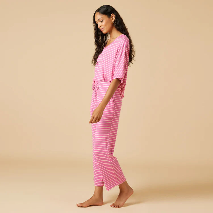 Dream Relaxed V-Neck Capri Lounge Set | Fuchsia Stripe