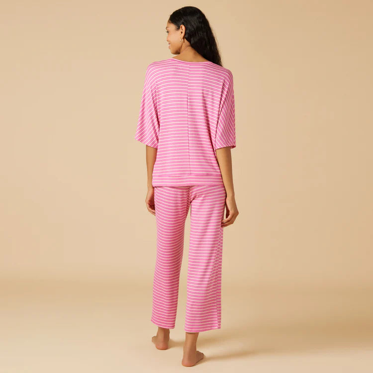 Dream Relaxed V-Neck Capri Lounge Set | Fuchsia Stripe