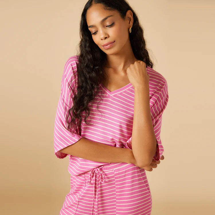 Dream Relaxed V-Neck Capri Lounge Set | Fuchsia Stripe