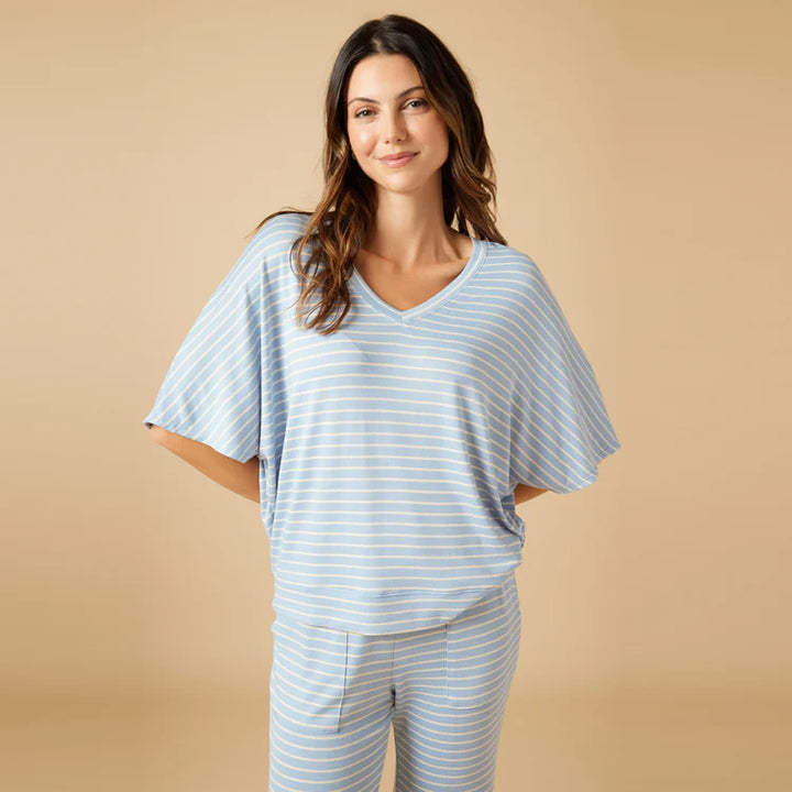 Dream Relaxed V-Neck Capri Lounge Set | Blue Stripe