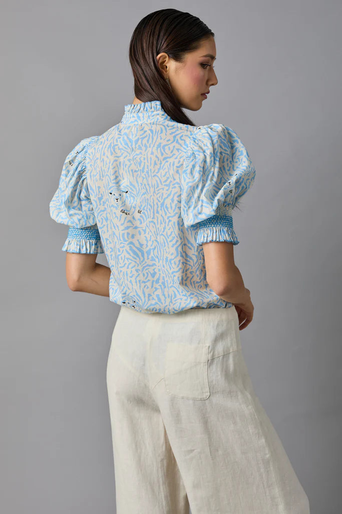 Short Sleeve Smocked Shirt | Blue Hidden Tiger