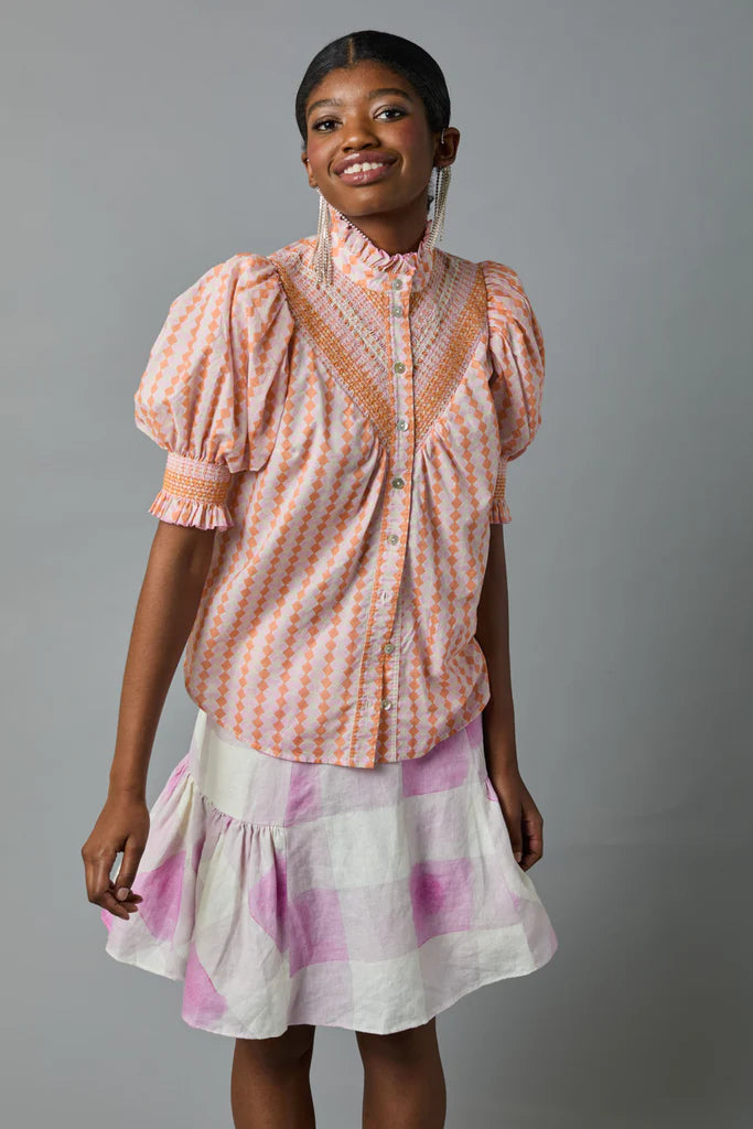 Short Sleeve Smocked Shirt | Orchid Geo