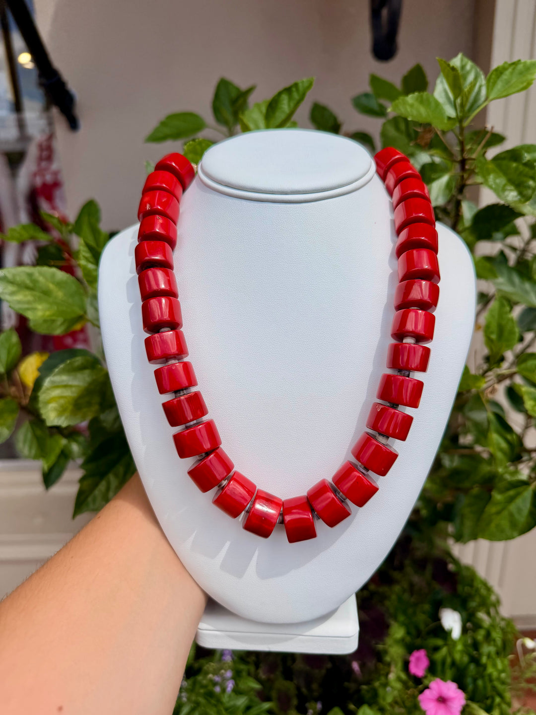 Red Coral Barrel with Cowrie Shell Necklace