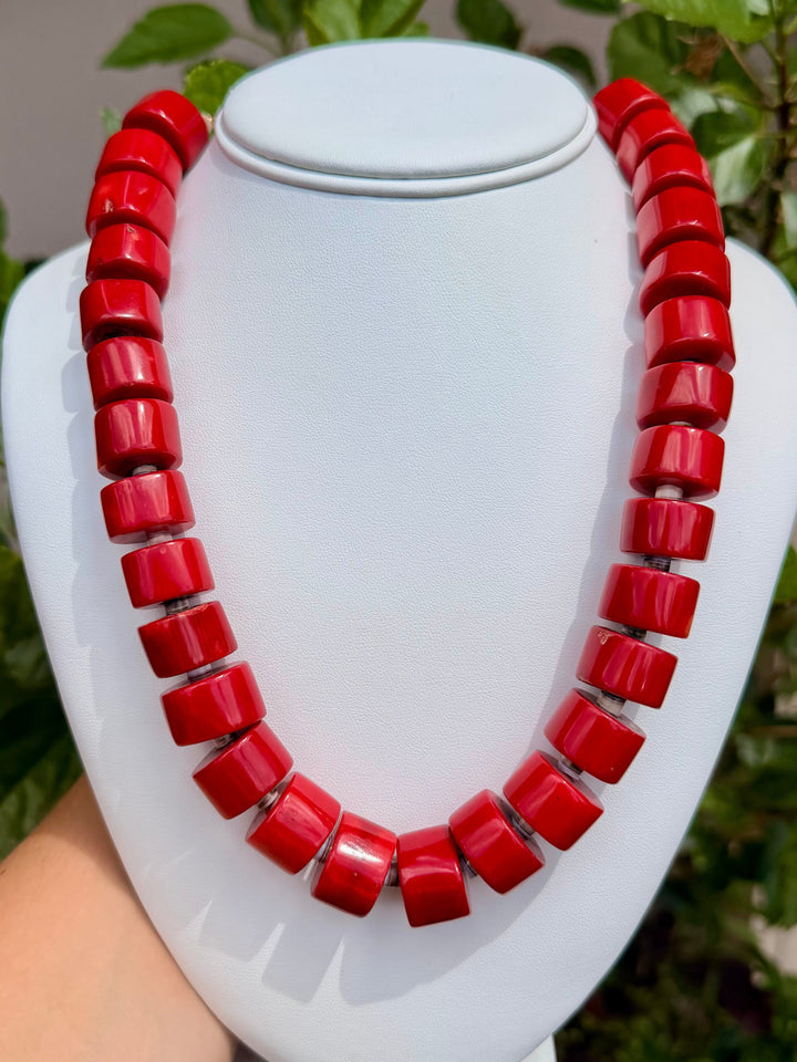 Red Coral Barrel with Cowrie Shell Necklace
