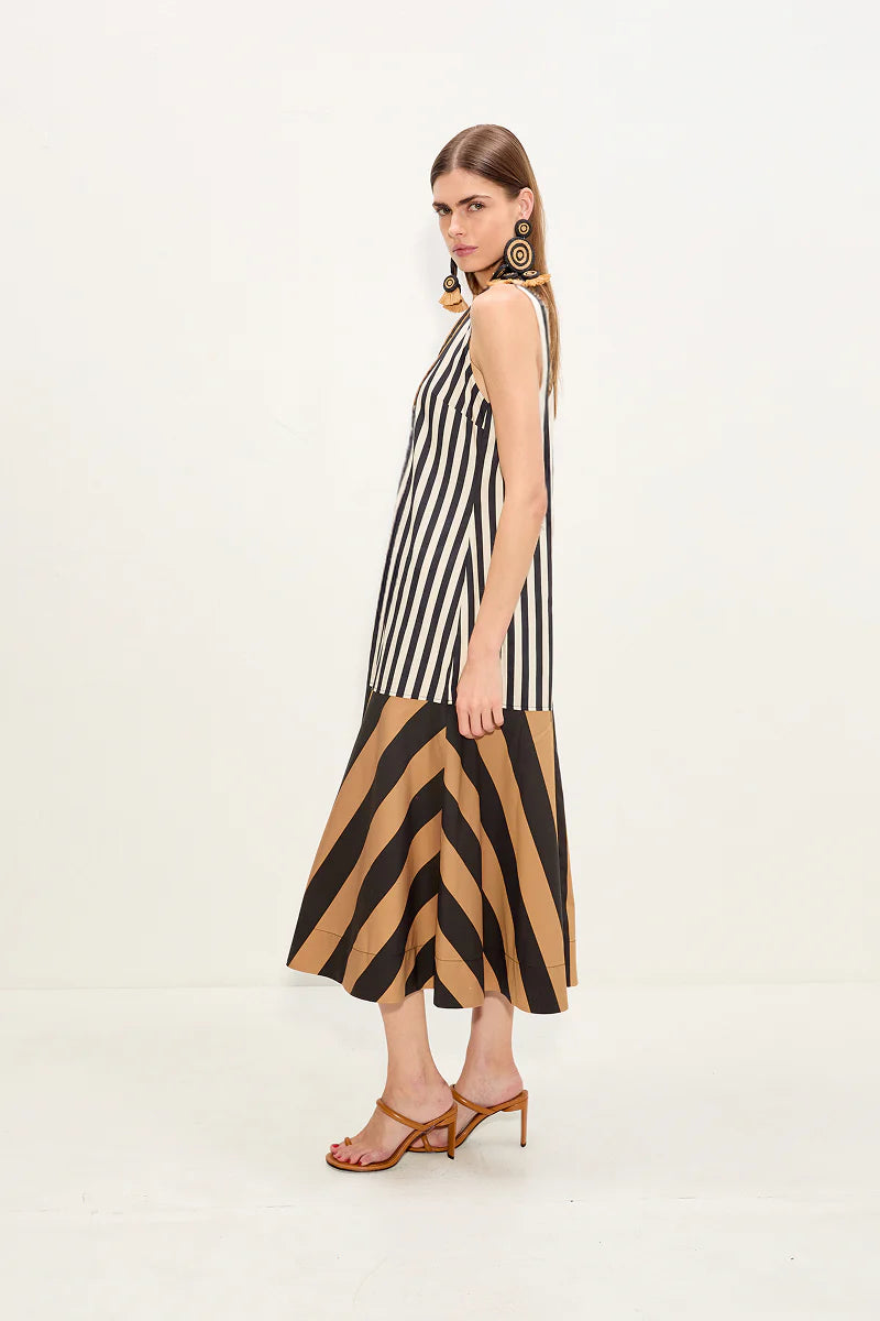 Celeste Midi Dress | Black & Tan Stripe Combo