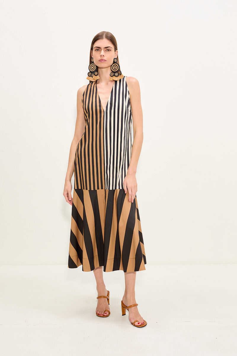 Celeste Midi Dress | Black & Tan Stripe Combo