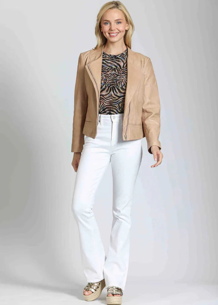 Collarless Lamb Leather Zip Up Jacket | Beige