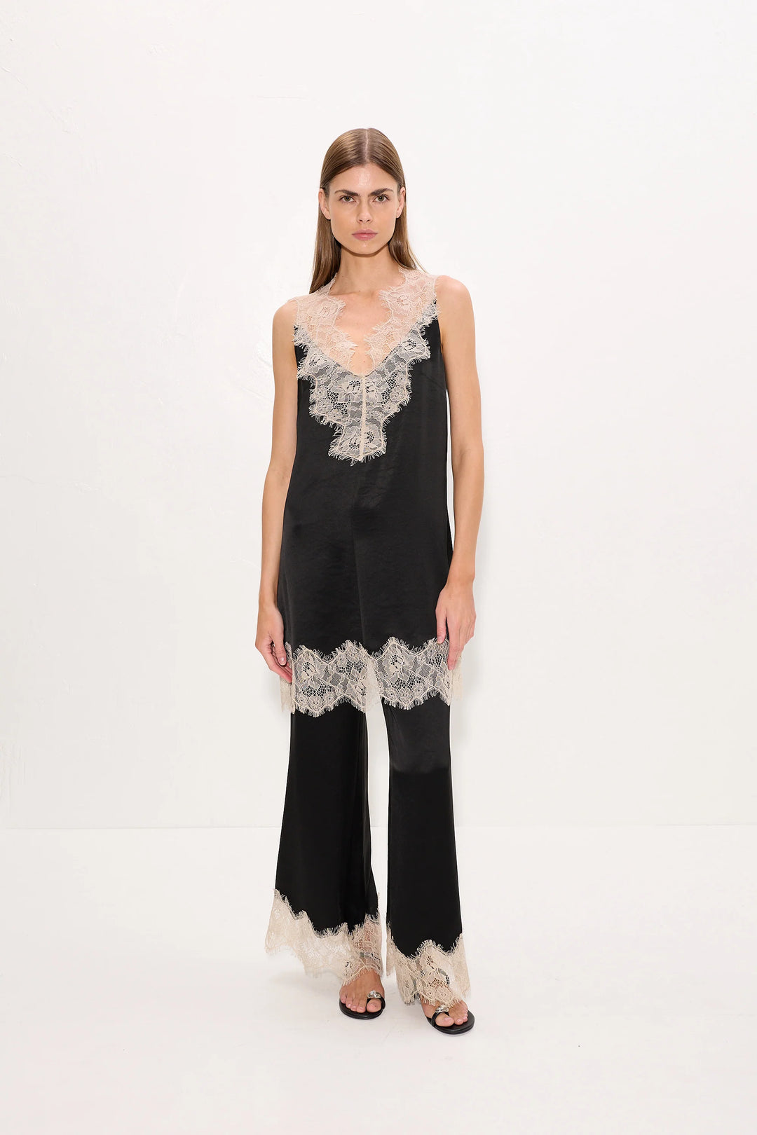 Nella Satin Lace Pant | Black/Bone