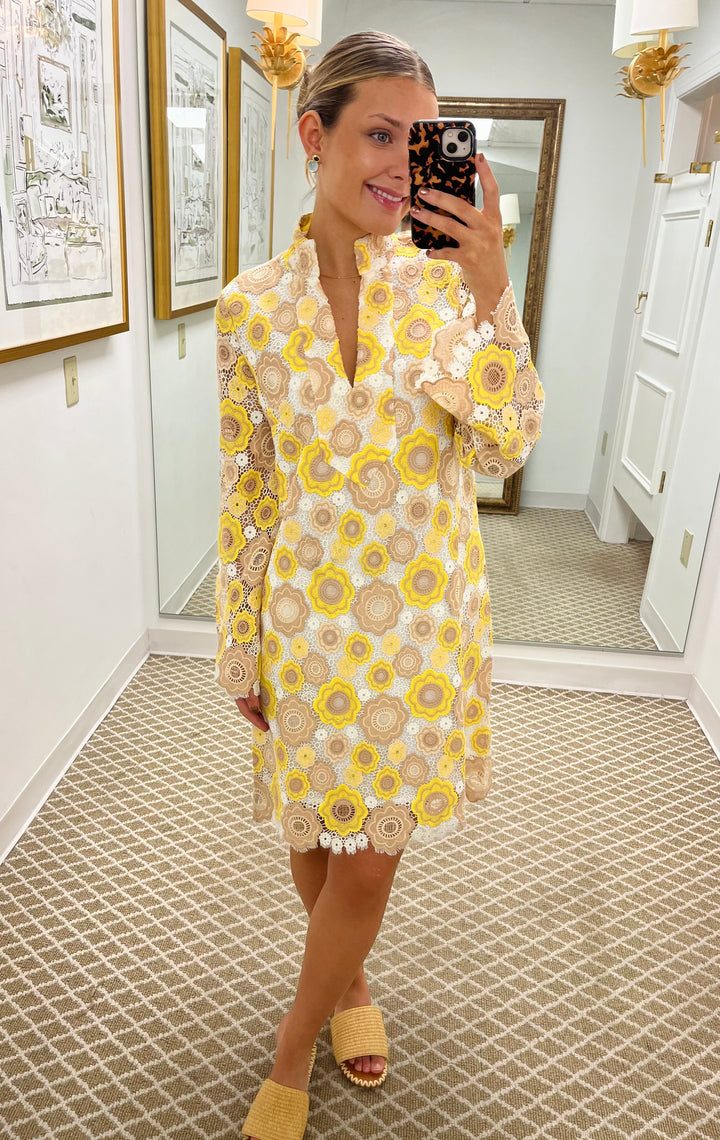 Scalloped Hem Mini Caftan | White & Daffodil