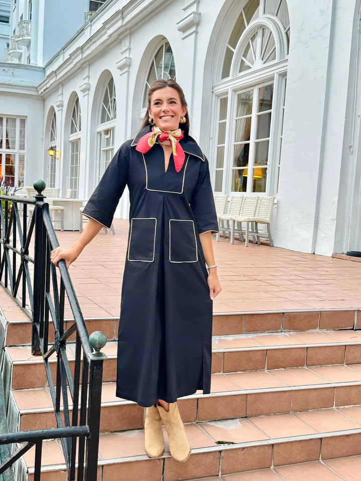 Cassidy Long Dress | Navy & Camel