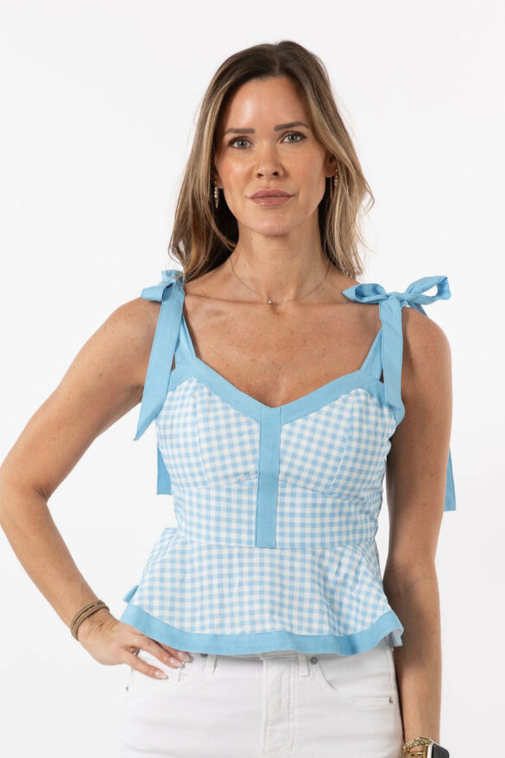 Addie Tie Top | Light Blue Gingham