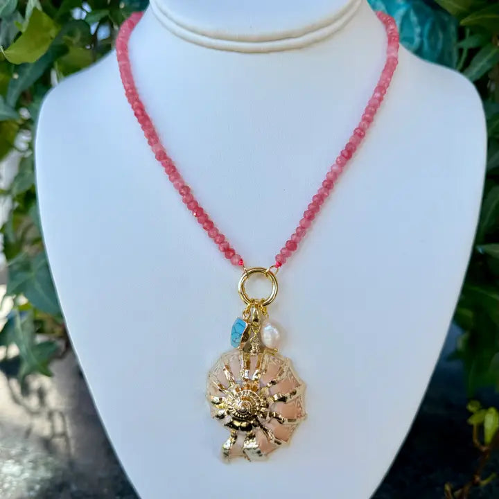 Pink Beaded Necklace + Seashell Pendant