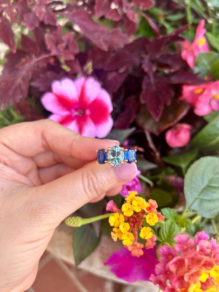 14kt 3 Stone Ring with Sky Blue Topaz & Kyanite
