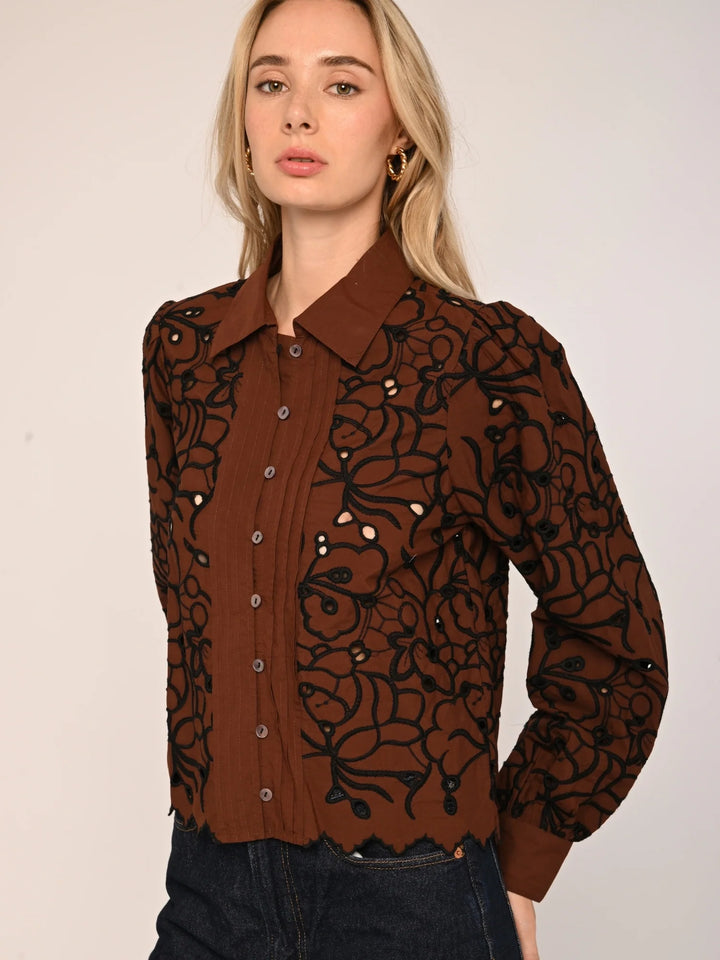 Abigail Long Sleeve Top | Brown Embroidery