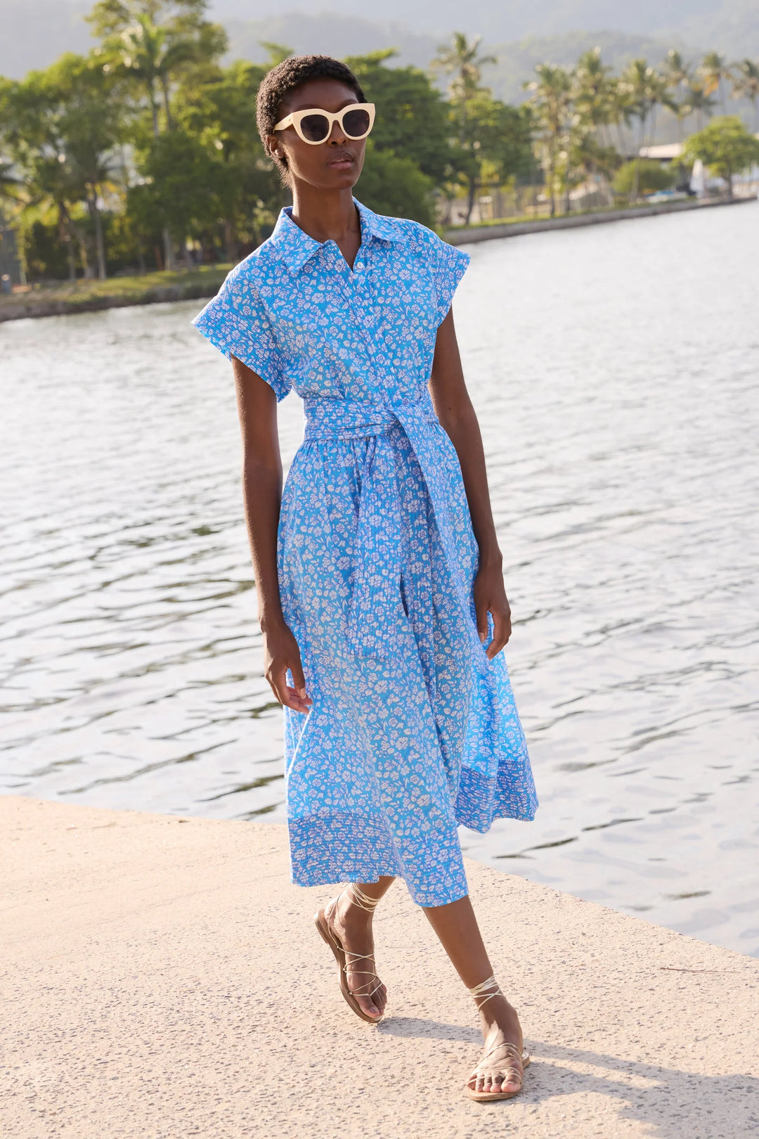 blue combination color dress Belted Shirt Dress