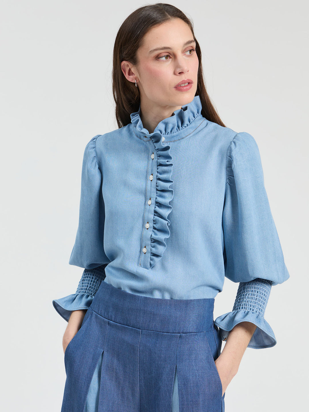 Denim Ruffled Shirt  | Blue