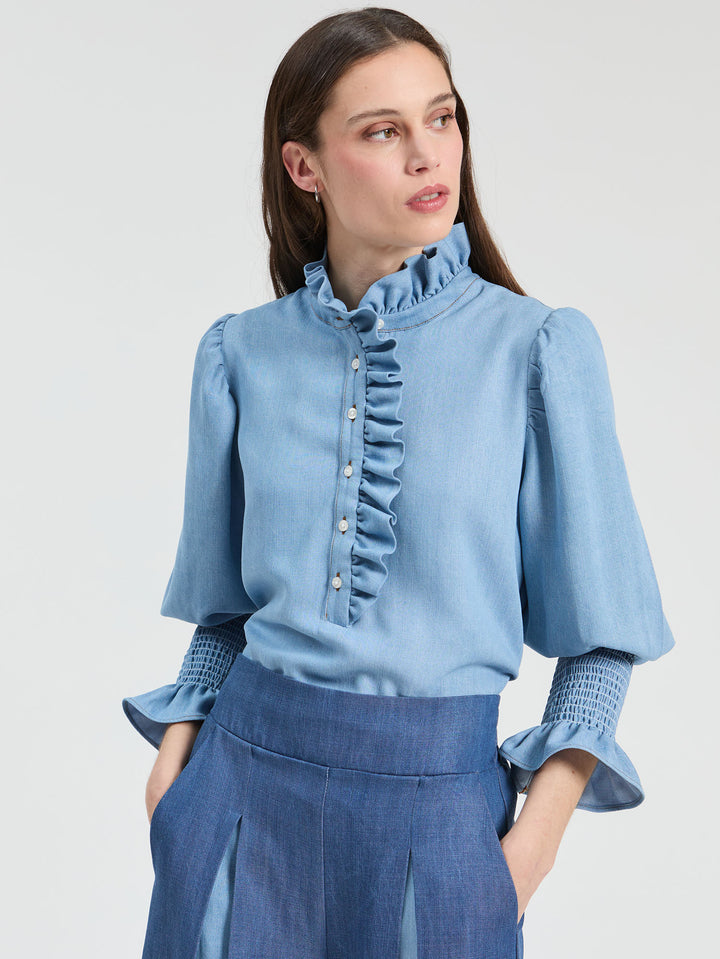 Denim Ruffled Shirt  | Blue