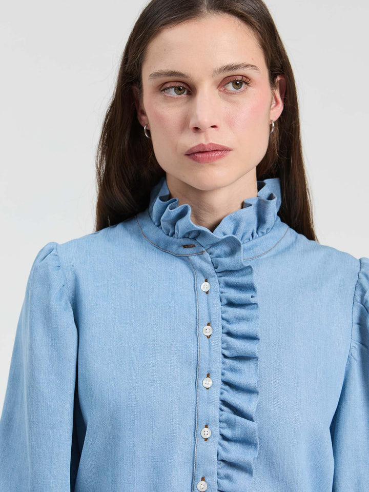Denim Ruffled Shirt  | Blue