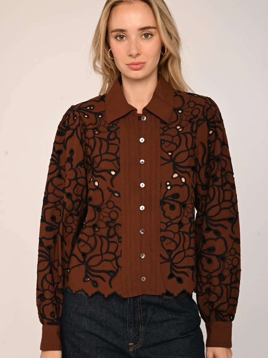 Abigail Long Sleeve Top | Brown Embroidery