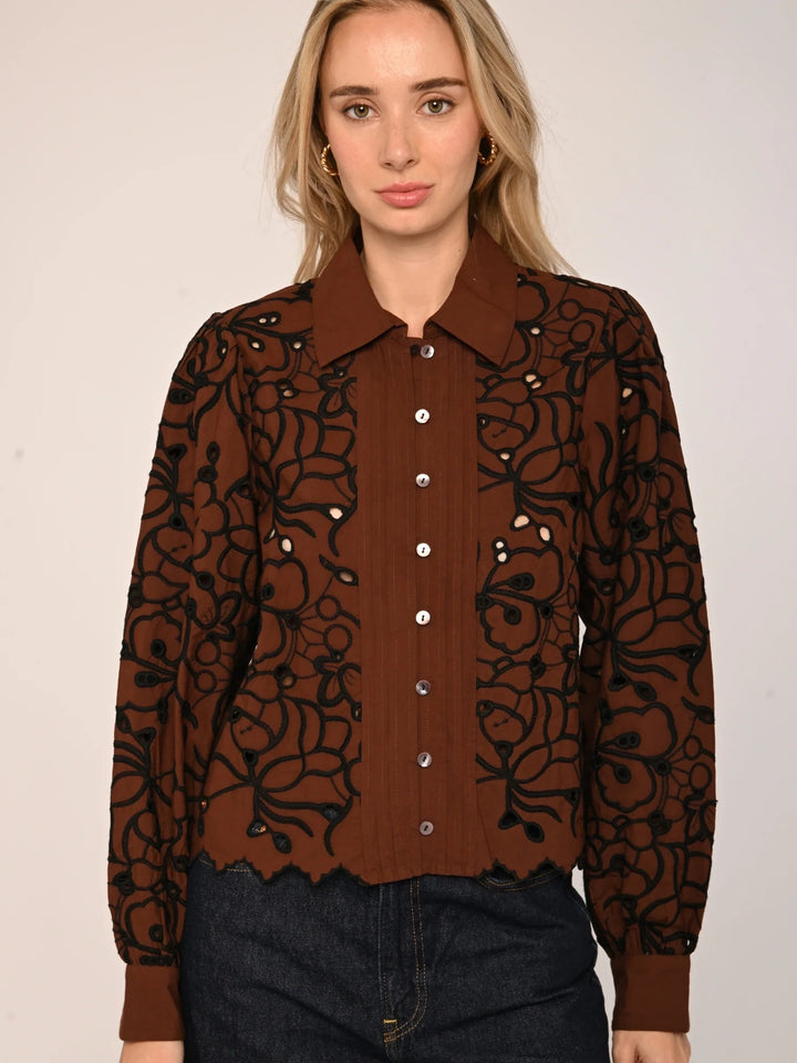 Abigail Long Sleeve Top | Brown Embroidery
