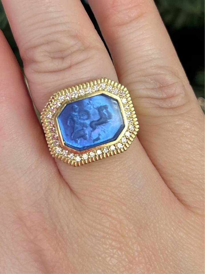 14kt Blue Venetian Glass Ring .34pts Dia