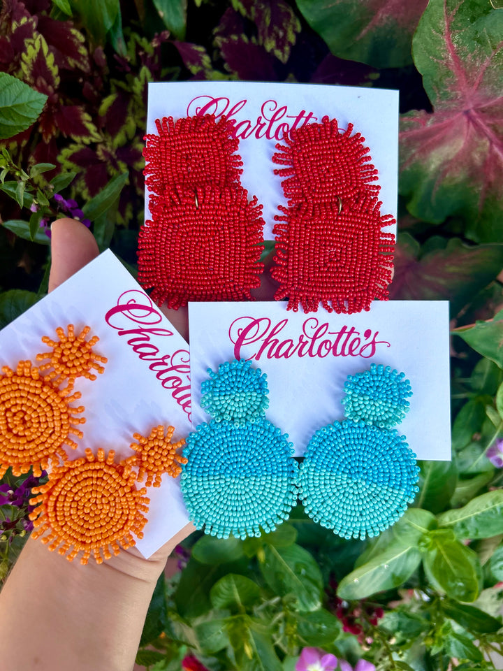 Double Bead Square Fringe Earrings | Red