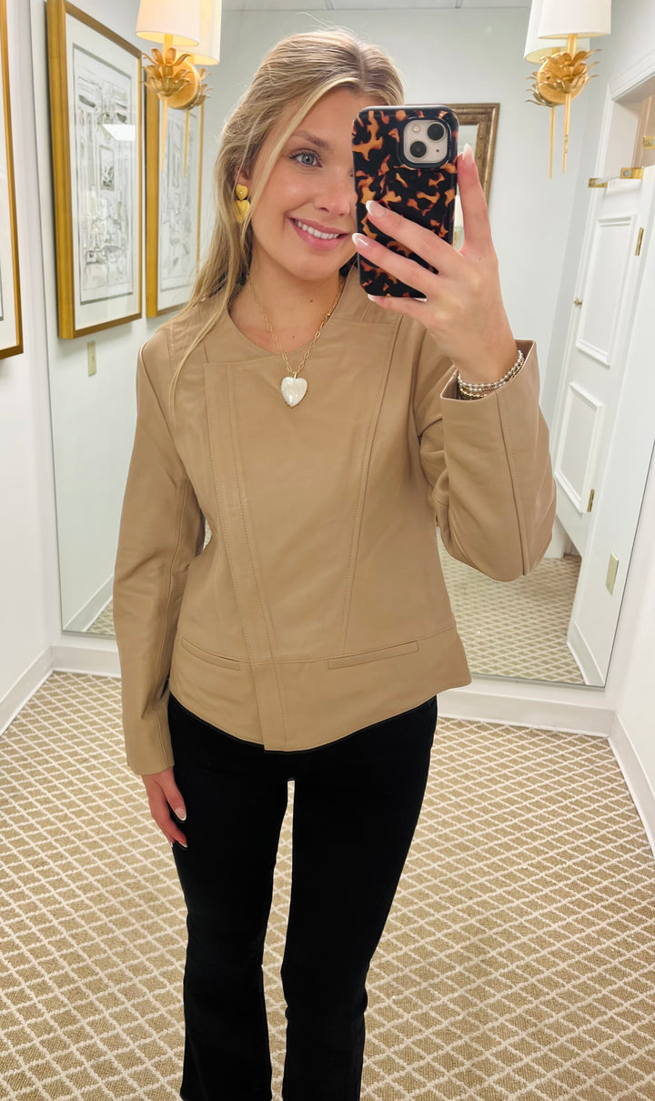 Collarless Lamb Leather Zip Up Jacket | Beige