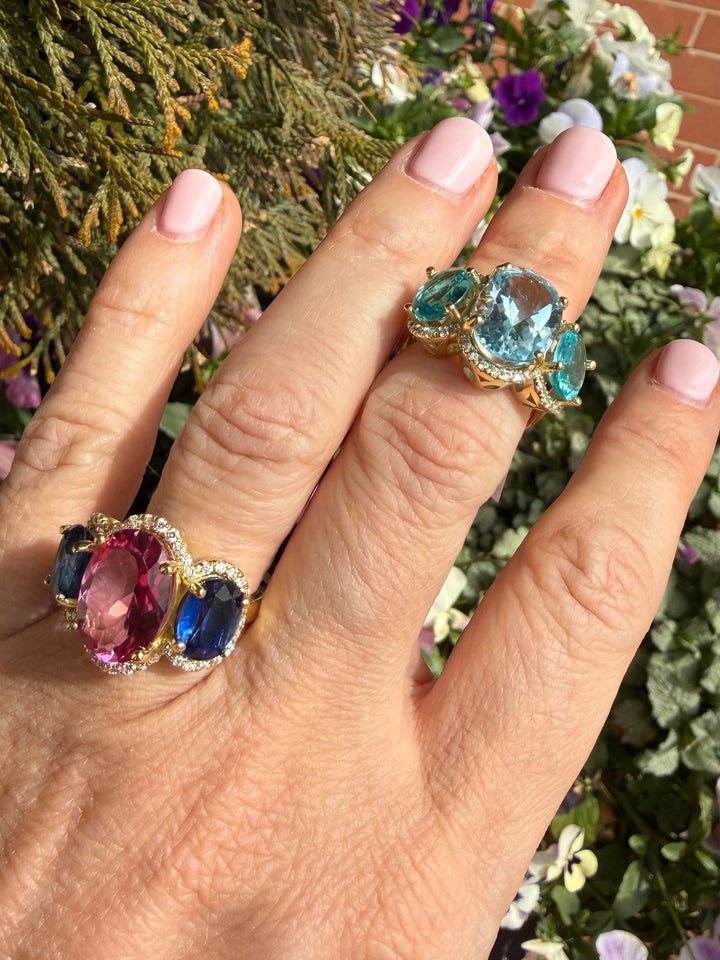 14kt Gold Ring with Blue Topaz Center, Apatite Sides & Halo of Diamonds