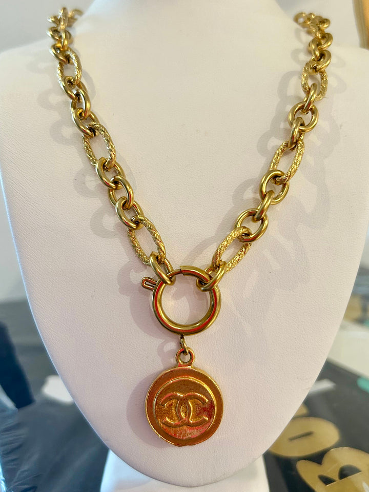 Gold Paperclip Chain with circle CC Charm