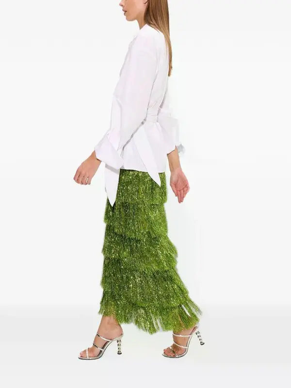 Liv Metallic Fringe Skirt | Metallic Spruce