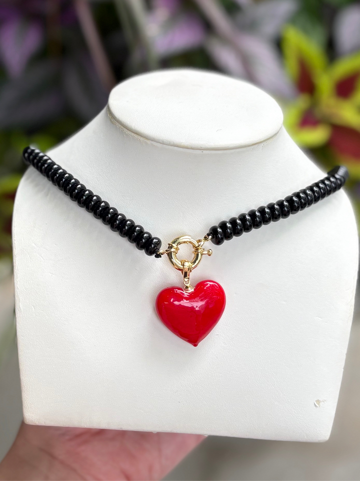Black Beaded + Red Heart Necklace
