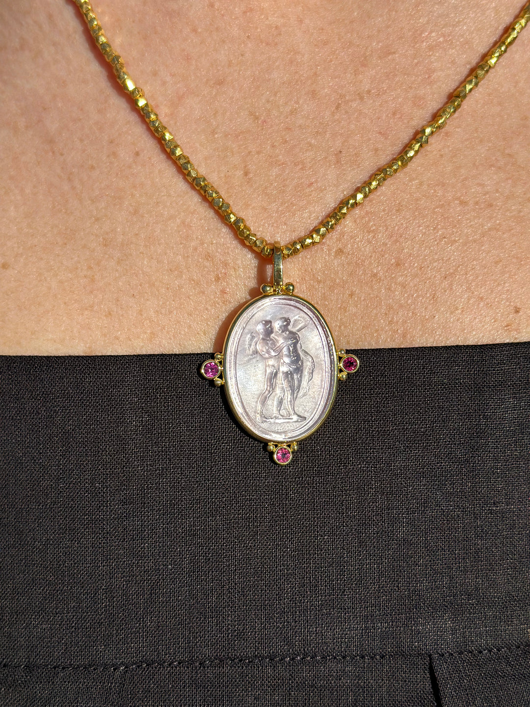 14kt Baby Rosa Venetian Glass Pendant + Gold Nugget Beaded Toggle Necklace