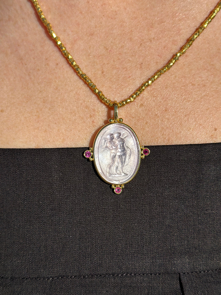 14kt Baby Rosa Venetian Glass Pendant + Gold Nugget Beaded Toggle Necklace