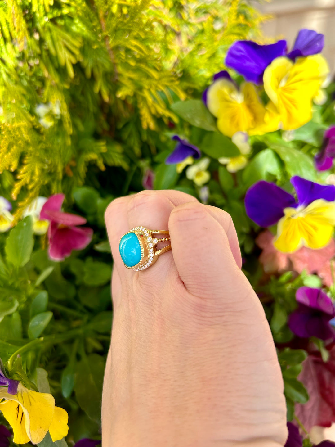 14kt Cushion Turquoise Ring with .34pt Diamond Halo