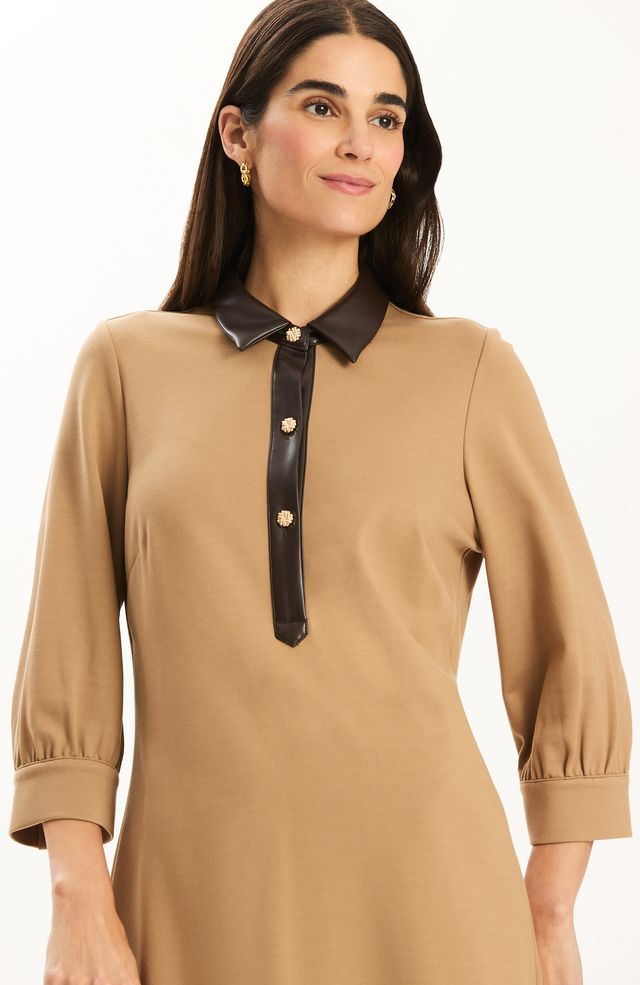 Kat Ponte Gold Button Dress | Latte