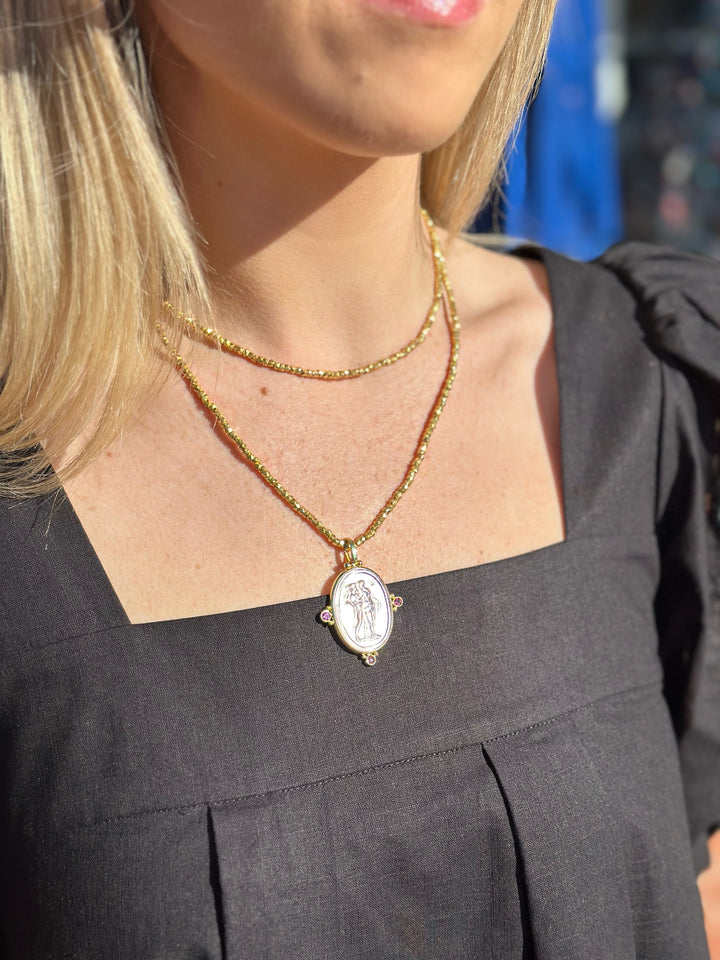 14kt Baby Rosa Venetian Glass Pendant + Gold Nugget Beaded Toggle Necklace