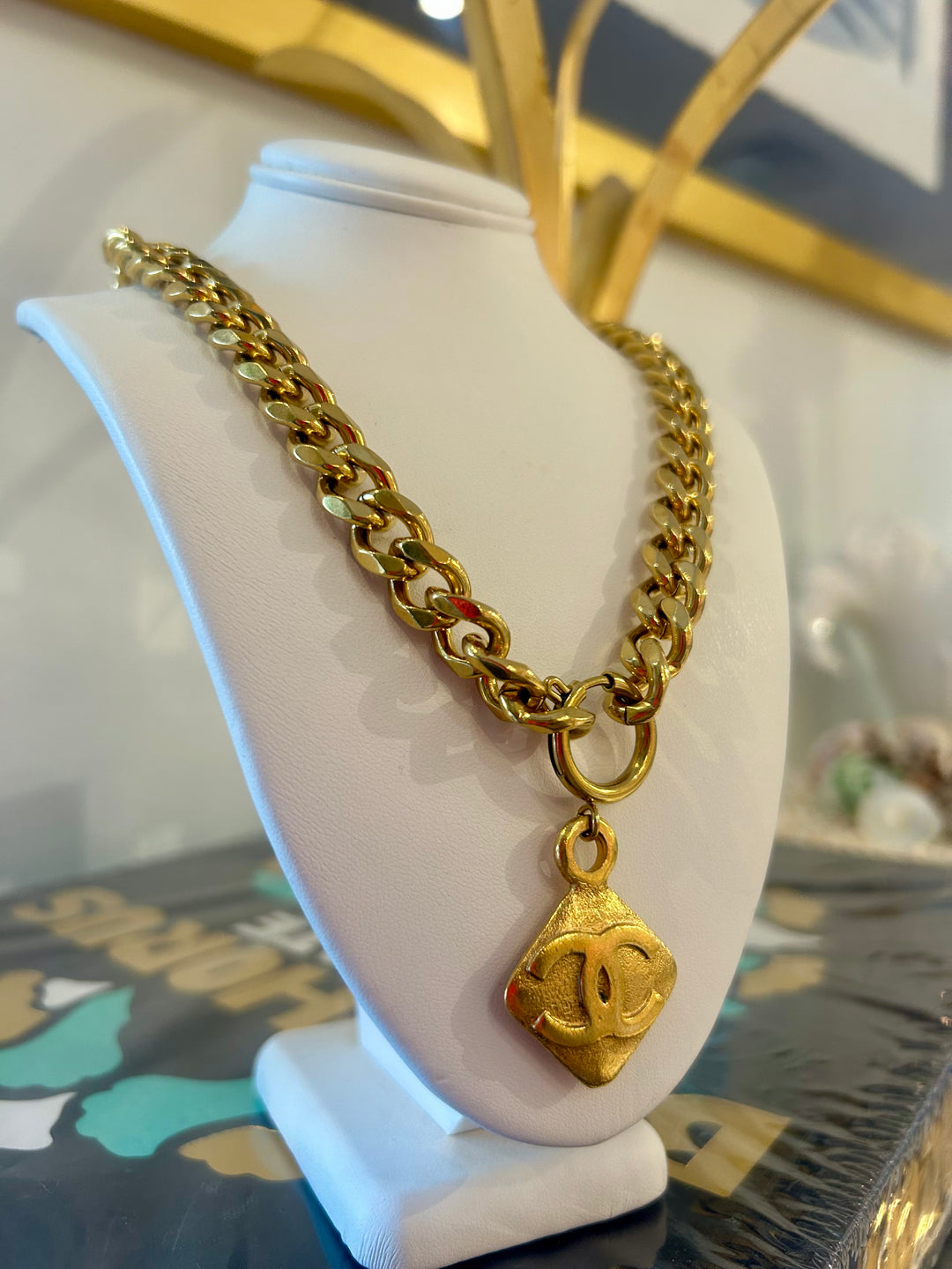 Gold Thick Chain with Diamond Shape CC Charm