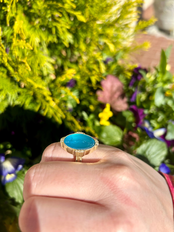 14k Gld Ring w/ Venetian Glass Carving .18pts Diam
