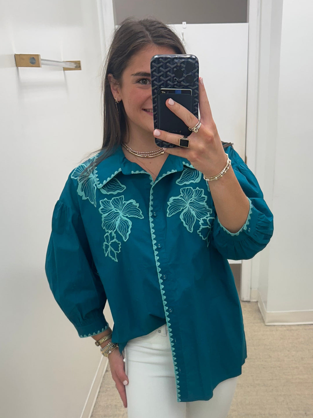 Mollie Shirt | Teal Floral Embroidery