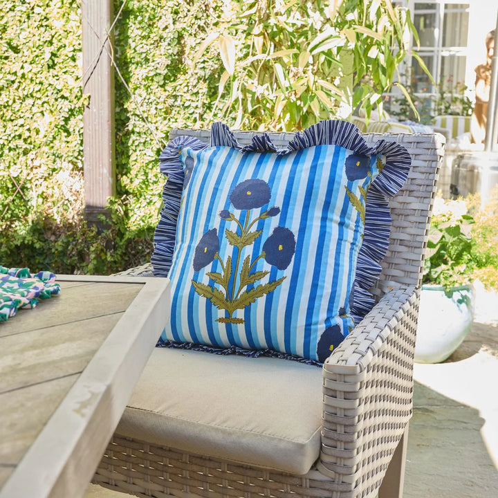 Marigold Stripes Block Print Throw Pillow | Blue