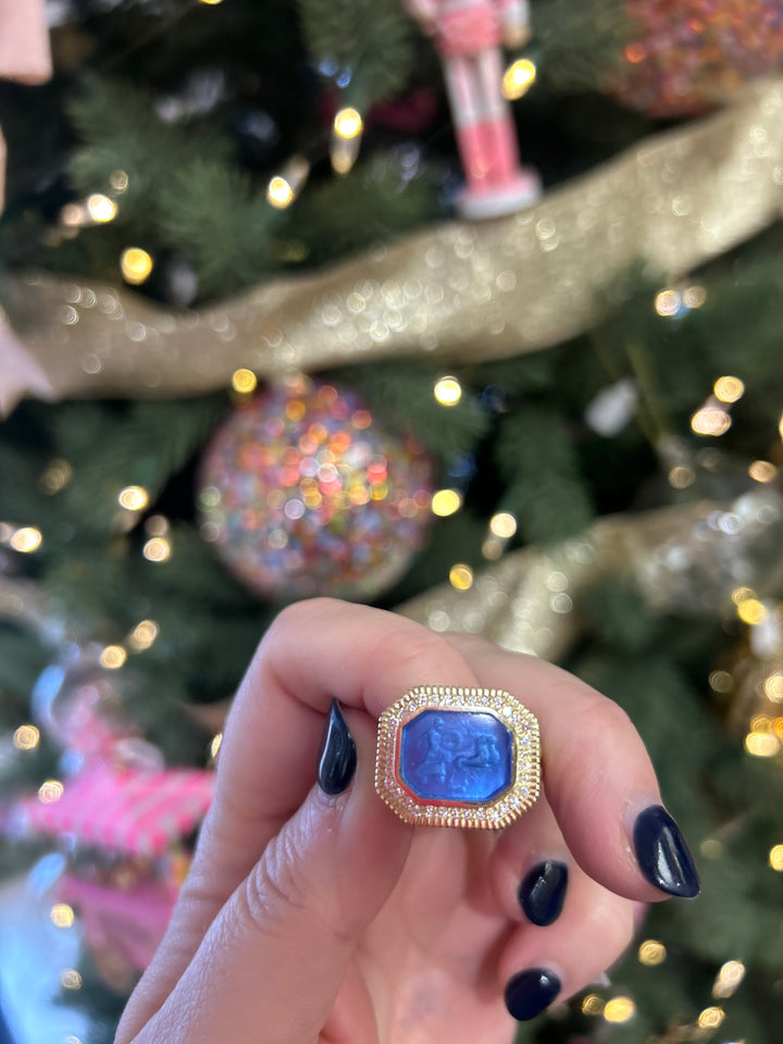 14kt Blue Venetian Glass Ring .34pts Dia