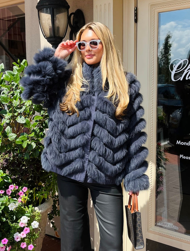 Genuine Fox Fur Chevron Coat | Navy