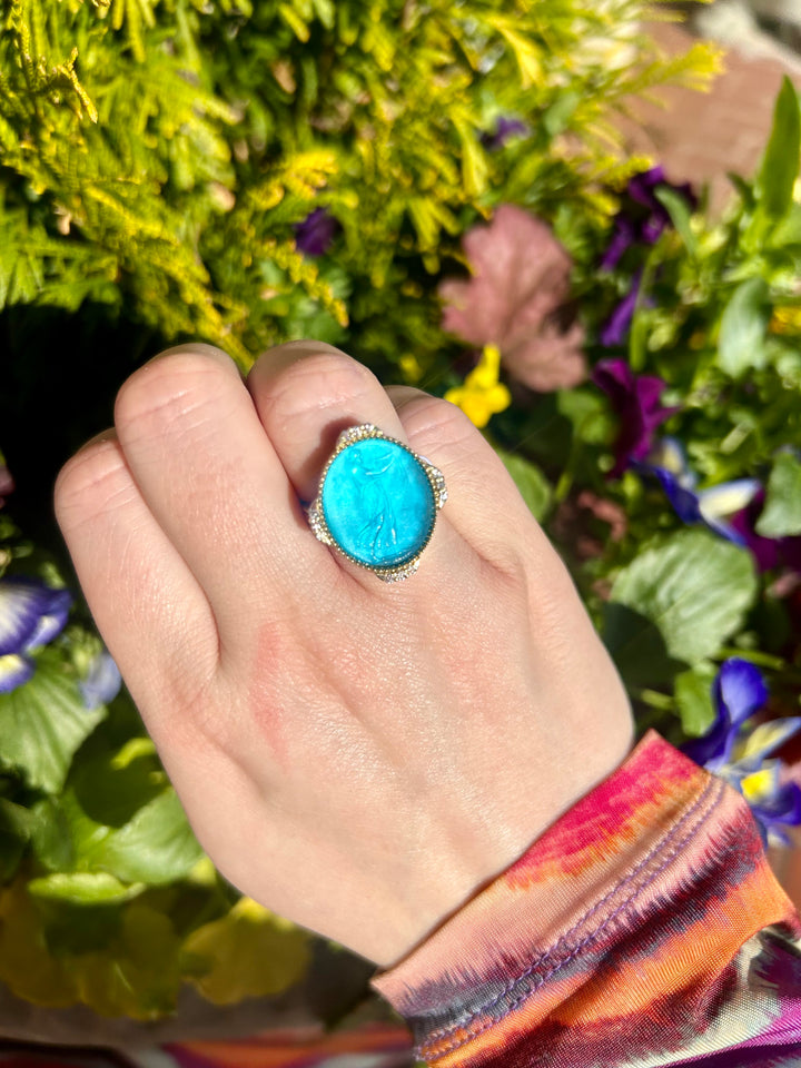 14k Gld Ring w/ Venetian Glass Carving .18pts Diam