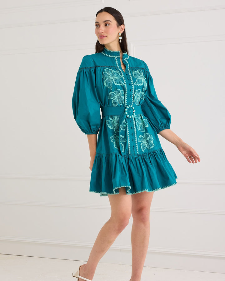 Lori-Anne Dress | Teal Floral Embroidery