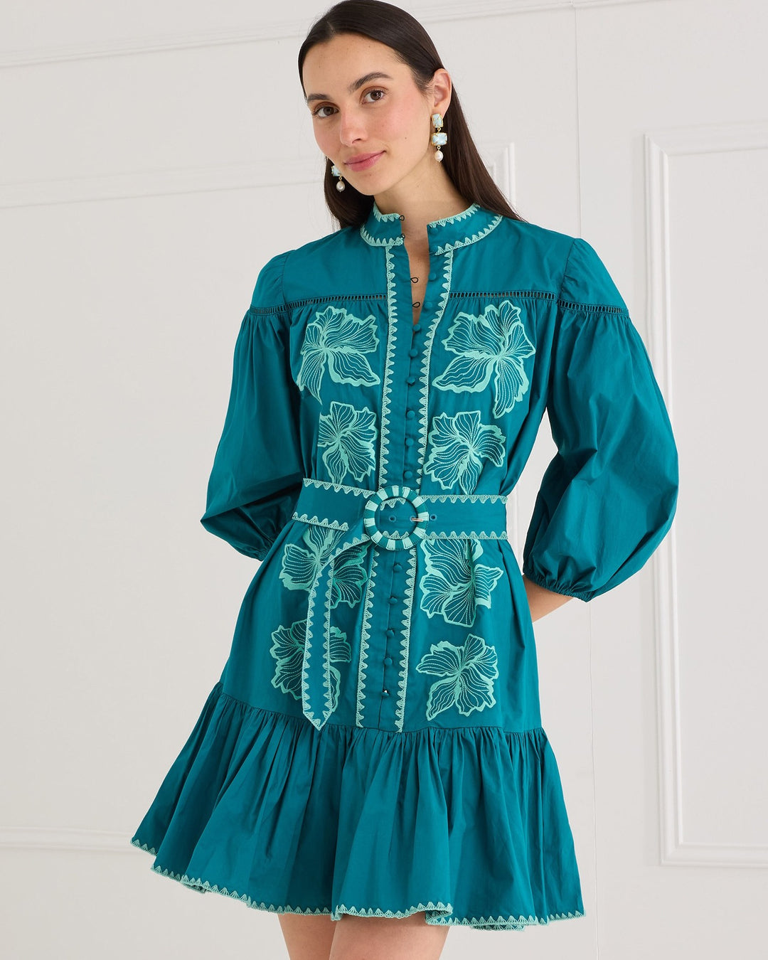 Lori-Anne Dress | Teal Floral Embroidery