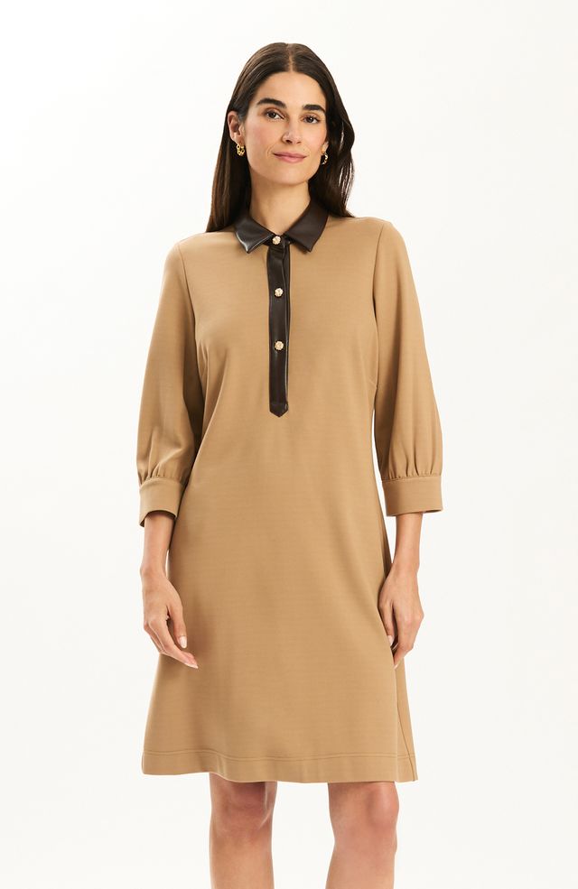 Kat Ponte Gold Button Dress | Latte