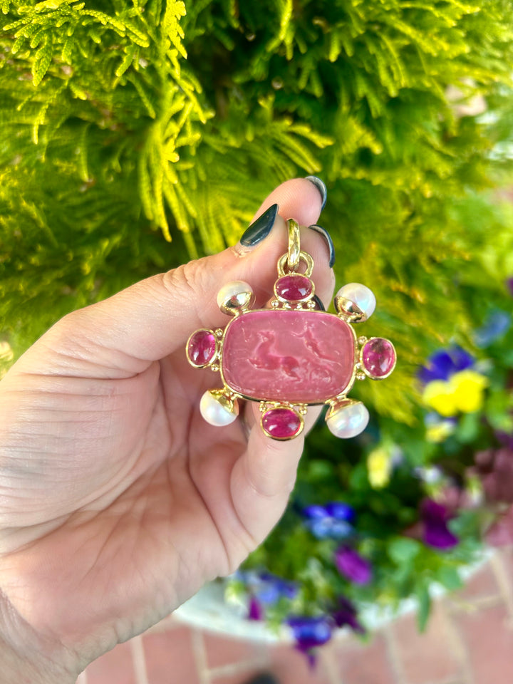 Rubalite Venetian Glass Pink Tourmaline, Pearl, 14k gold Pendant