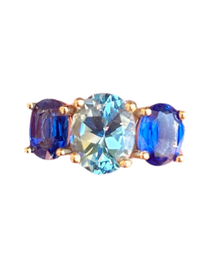 14kt 3 Stone Ring with Sky Blue Topaz & Kyanite